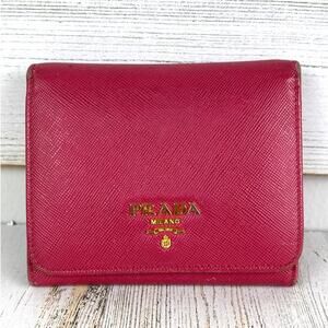 Prada Women’s Pink Saffiano Leather Tri-Fold Wallet Designer Card Holder Italy